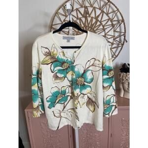 Samantha Gray XL sweater with Turquoise, green‎ and brown flowers